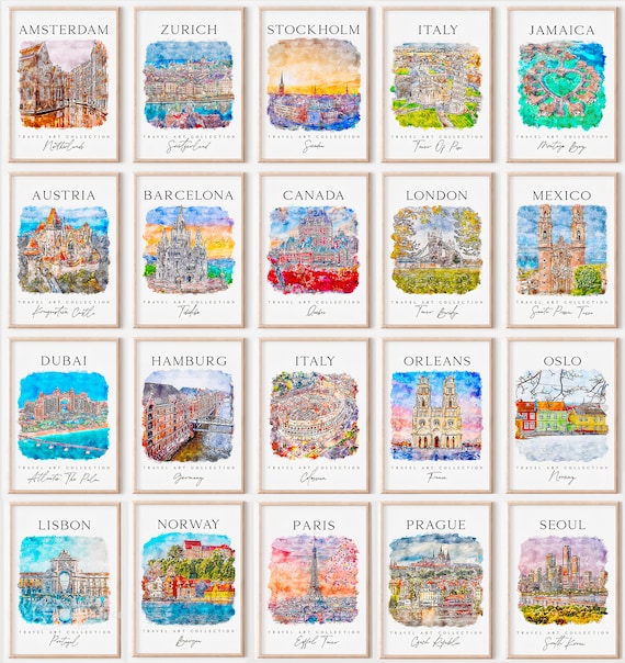 World Cities Travel Print Art Set, 20 Watercolor Touristic Gallery Set, Colorful City Printable Posters, Best of Cities Gallery Wall Arts