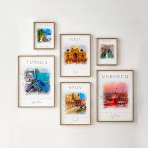 Travel Art Print Set, Travel Destinations Prints, Gallery Wall Art, India Delhi, Italy Venice, Spain Sevilla, Morocco, Tunisia Print Posters