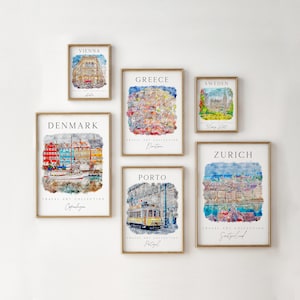 Travel Art Prints Set of 6 Colorful Prints Art Gallery Wall World City Vienna Greece Sweden Denmark Porto Zurich City Posters Gallery