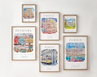 Travel Art Prints Set of 6 Colorful Prints Art Gallery Wall World City Vienna Greece Sweden Denmark Porto Zurich City Posters Gallery