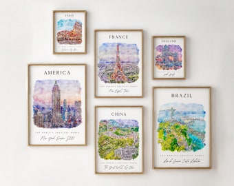 City Art Prints, Travel Gallery Set, Travel illustration, Colorful City Prints , City Posters, World Great Cities Prints, Colorful Gallery