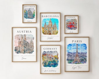 旅行アートプリントセット、旅行先プリント、ギャラリーウォールアート、ウィーン、ロンドン、パリエッフェル、バルセロナ、アムステルダム、休暇ポスター