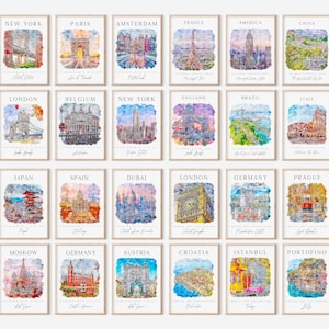 Mega World Travel Printable Art Set, 24 Watercolor Travel Gallery Set, Colorful City Printable Posters, Countries Colorful Gallery Wall Set