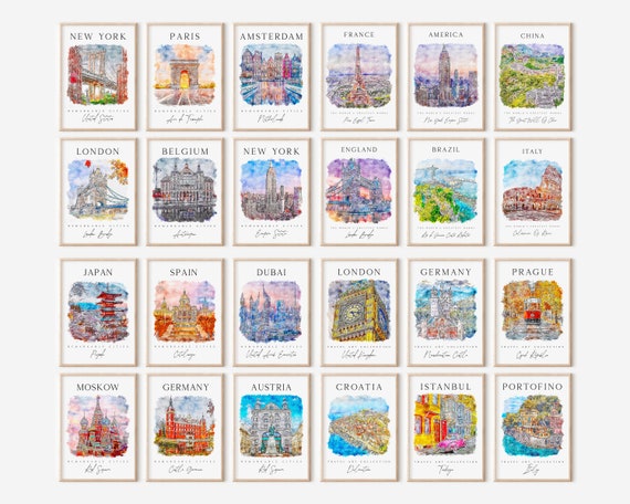 Mega World Travel Printable Art Set, 24 Watercolor Travel Gallery Set, Colorful City Printable Posters, Countries Colorful Gallery Wall Set
