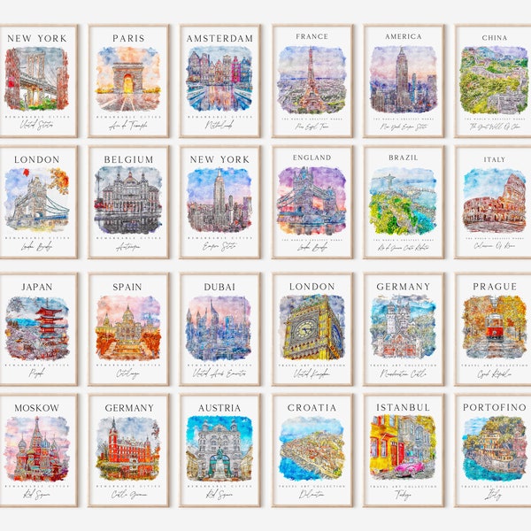 Mega World Travel Printable Art Set, 24 Watercolor Travel Gallery Set, Colorful City Printable Posters, Countries Colorful Gallery Wall Set