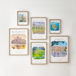 Watercolor Travel Prints, Touristic Gallery Set, Indonesia, Slovenia, Budapest, Porto, Norway Vacation Cities ,Colorful Gallery Wall Art Set