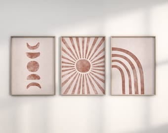 Set of 3 Earth Tones Boho Art Print, Wall Decor, Bohemian Minimal Art, Minimal Digital Prints, Boho Style Art Prints, Abstract Terracota