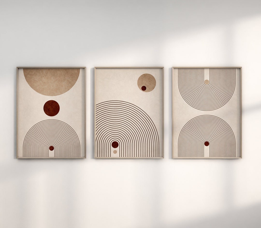 Set of 3 Mid Century Modern Wall Art Print, Neutral Abstract Geometric ...