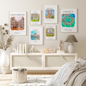 World Cities Travel Print Art Set, 20 Watercolor Touristic Gallery Set, Colorful City Printable Posters, Best of Cities Gallery Wall Arts image 3