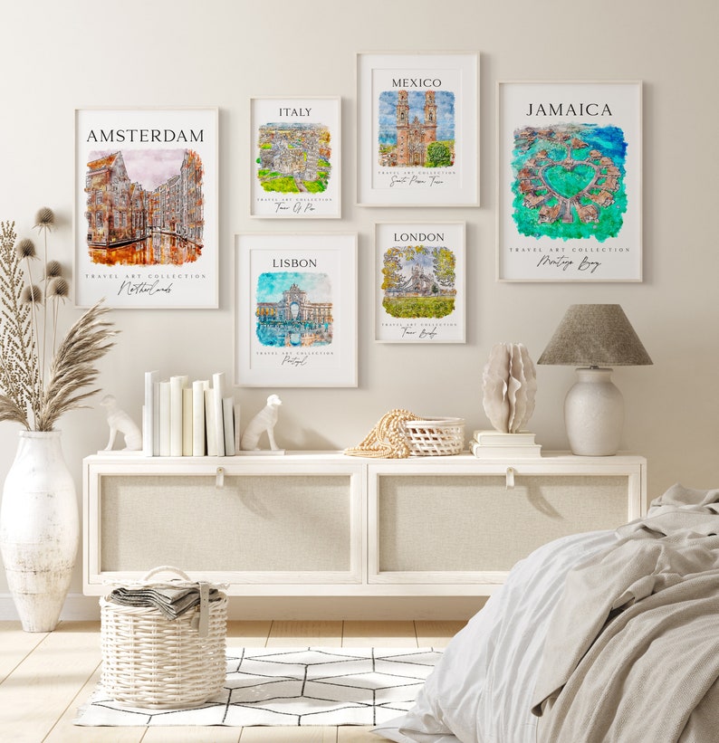 World Cities Travel Print Art Set, 20 Watercolor Touristic Gallery Set, Colorful City Printable Posters, Best of Cities Gallery Wall Arts image 3
