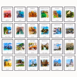 May include: A collection of 24 watercolor-style illustrations of famous landmarks and cities around the world. Each illustration is framed in a black frame and features the name of the city or landmark at the top.