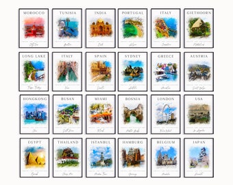 Mega Travel Art Print Set, 24 Watercolor Style Travel Destinations Gallery Wall, Colorful Printable City Posters, Touristic Gallery Wall Set