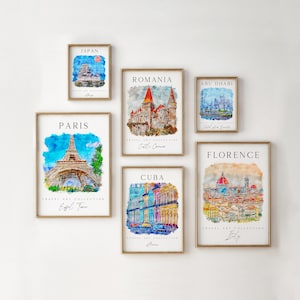 Watercolor Travel Prints, Touristic Gallery Set, Vacation City illustration, Colorful City Prints Posters,  Countries Colorful Gallery Wall