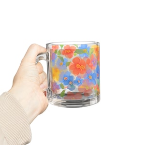 Floral Design Glass Mug, 10oz | Colorful Beverage Cup, Gift for Her, Tea or Coffee Mug, Home Decor, Birthday Present