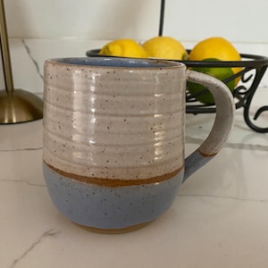 blue and white wheel thrown mug