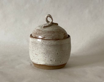 Wheel thrown clay lidded  salt container in white speckle glaze