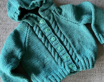 Hand Knitted Dark Green Childs Hooded Jacket (2-3 years)