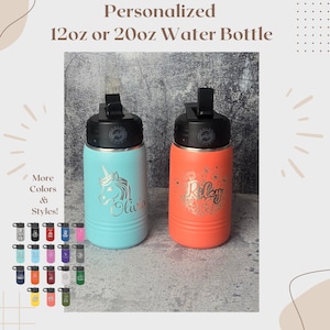 Personalized Kids Water Bottle with Straw, Back to School, 12 or 20 oz Stainless Steel Custom Laser Engraved for Boys and Girls, Summer Camp