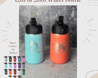 Personalized Kids Water Bottle with Straw, Back to School, 12 or 20 oz Stainless Steel Custom Laser Engraved for Boys and Girls, Summer Camp