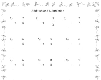 Addition and subtraction Worksheet,  Practice sheets with Answers, Single  digit additions and subtractions Instantly Downloadable