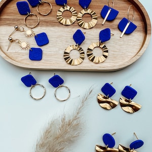 Royal blue earrings | Nickel free | Polymer Clay Earrings | polymer clay earrings | blue earrings hanging | Blue and gold