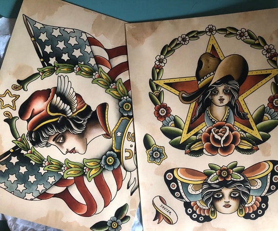 注目の 2 Frame No 11”x14” / Cm 28x36 Print Flash Tattoo School Old 額縁