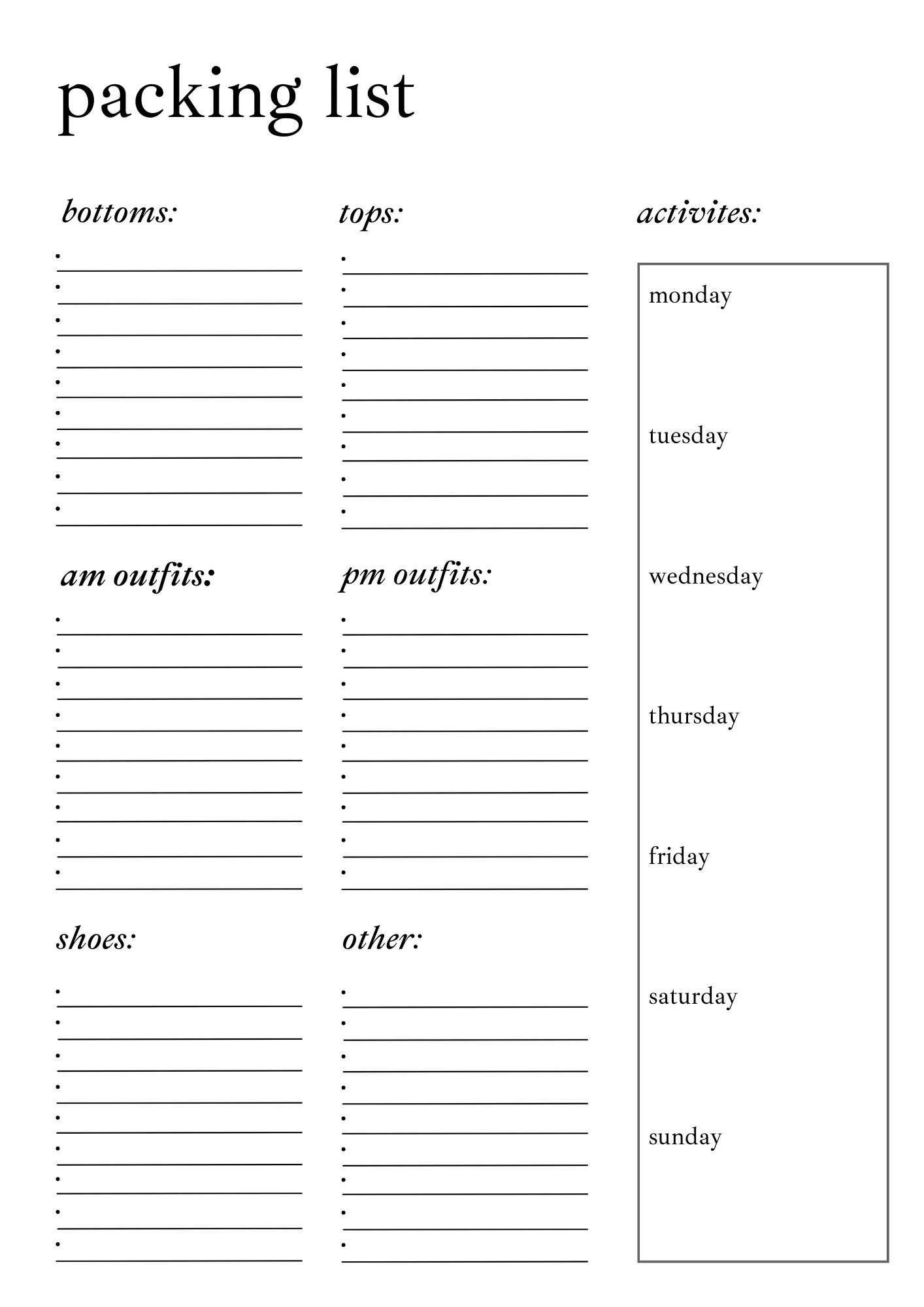Packing List Printable Sunday Reset Weekend List Girls Etsy