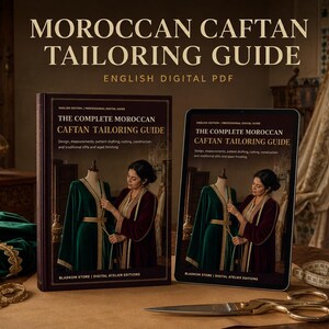 Peut inclure: Un livre physique et une tablette numérique affichant le guide de couture de caftan marocain. La couverture montre une personne ajustant un caftan vert sur un mannequin. Le texte indique The Complete Moroccan Caftan Tailoring Guide.