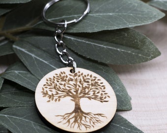 Pendentif en bois avec gravure arbre de vie - Porte-clés en bois gravé - Cadeau naturel