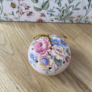 Pink floral pomander ceramic ball hanging scent diffuser english country cottage