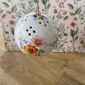 White floral pomander ceramic ball hanging scent diffuser english country cottage
