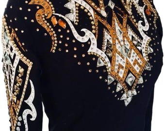 Orange und Weiß Akzent auf schwarzer Basis Showmanship Jacke - Crotch Top - Body Suit - Western Show Jacke - Western Custom Rodeo Queen Shirt
