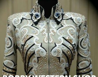 Beige Show Jacket: Rhinestone Rodeo Queen Horsemanship Dress