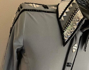Grey Western Show Shirt with Glass Stones for Women Rodeo Queen Dress Horse Riding Showmanship Horsemanship Equestrian, Halloween Gift