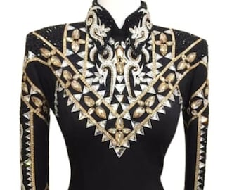 Kundenspezifisches Gold & Silber Crotch Top mit schwarzem Basis-Bodysuit / Western Show Jacket | Rodeo Dress für Showmanship, Sportsmanship und Horsemanship