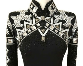 Custom Made Silver With Black Base Crotch Top Body Suit Western Show Jacket Rodeo Dress Horse Riding Showmanship Sportsmanship Horsemanship