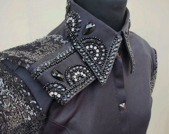 Custom Black Western Show Shirt with Net Sleeves & Stretch Fabric | Rodeo Queen Dress | Horse Riding Showmanship Shirt with Glass Stones