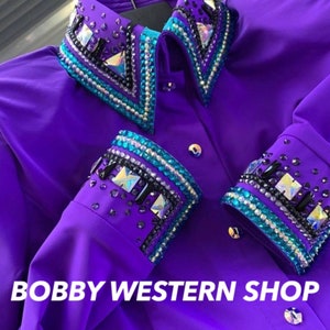 Western Violet Show Shirt for Rodeo Queen Dress Horse Riding Showmanship Sportsmanship Horsemanship with Glass Stones Non-Stretch Cloth