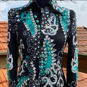 Western Show Jacket Teal and Silver With Black Base Show Rodeo Queen Dress Horse Riding Showmanship Sportsmanship Horsemanship Pleasure.