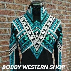 Custom Made Turquoise and Silver with Black Base Western Show Jacket Rodeo Dress Horse Riding Designer Showmanship Horsemanship