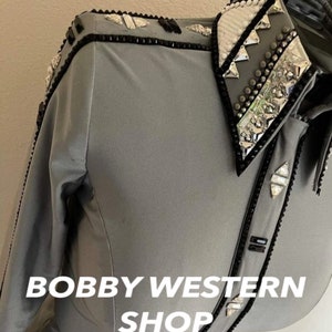 Grey Western Show Shirt with Glass Stones for Women Rodeo Queen Dress Horse Riding Showmanship Horsemanship Equestrian, Halloween Gift