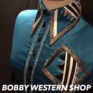 Western Custom Turquoise Show Shirt Glass Stones Swarovski For Rodeo Queen Dress Horse Riding Jacket Showmanship Horsemanship Equestrian