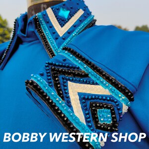 Hot Selling Turquoise & Black Western Show Shirt with Blue Base Glass Stone Rodeo Show Shirt for Horse Riding, Showmanship and Horsemanship