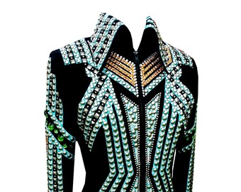 Custom Copper & Turquoise Western Show Jacket – Rodeo Queen Dress, Horse Riding Showmanship, Sportsmanship and Horsemanship Outfit
