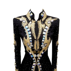 Latest Western Women Gold with black base Show Jacket Show wear dress Horse Riding jacket Showmanship Sportsmanship Pleasure.