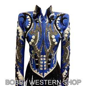 Hot Selling Western Show Jacket Beige and Silver Crystal & Stones With Blue Base Show Wear Rodeo Queen Dress Horse Riding Showmanship