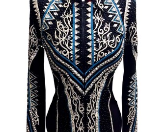 Blue & Grey Rodeo Queen Show Jacket, Embellished with rhinestones , stones and crystals Horsemanship Jacket