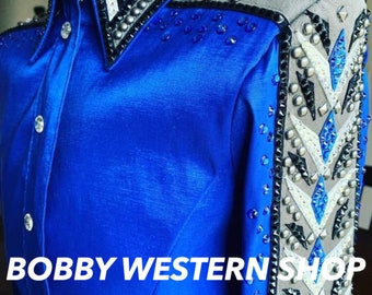 Camisa azul de exhibición para el vestido de la Reina del Rodeo Espectáculo de equitación Deportividad Equitación con piedras de vidrio