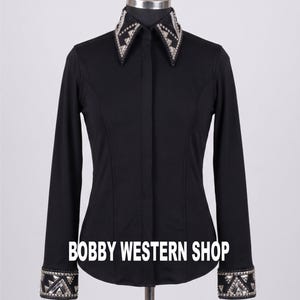 Bestverkopende zwarte western showshirt met Swarovski-stenen voor Rodeo Queen-jurk Paardrijjas Showmanship Horsemanship Paardensport afbeelding 3