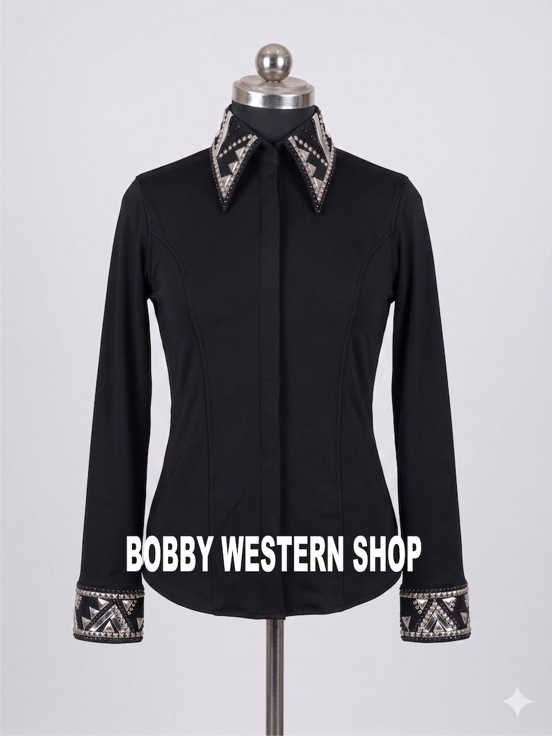 Bestverkopende zwarte western showshirt met Swarovski-stenen voor Rodeo Queen-jurk Paardrijjas Showmanship Horsemanship Paardensport afbeelding 3